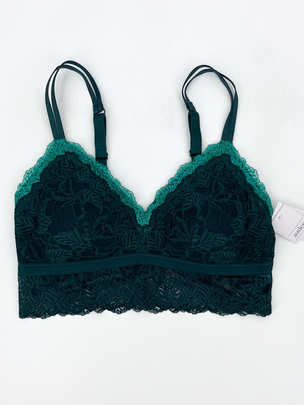 NWT Auden Emerald Green Floral Lace Lightly Lined Longline Bralette Size XL/38DD